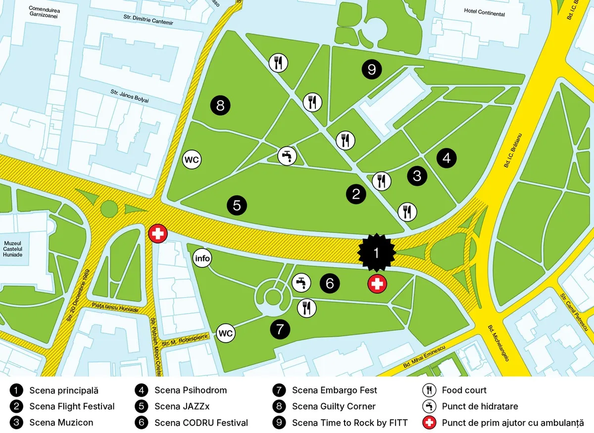 Map of the Main Location for 2026: I.C. Brătianu Boulevard, Civic Park, and I.C. Brătianu Park